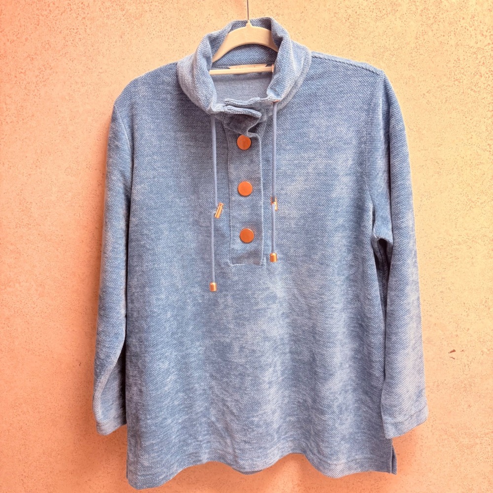 Soft Surroundings XL P Blue Coastal Soft Girl Textured‎ Neck Snap Pullover Top